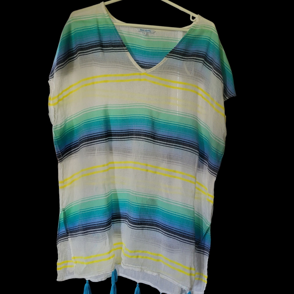 Blue Island Cream and Green Boxy Tunic Top